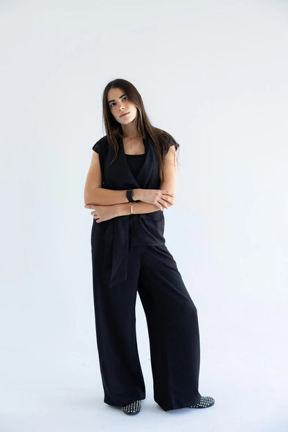 Black wrap vest and wide-leg trousers - full length
