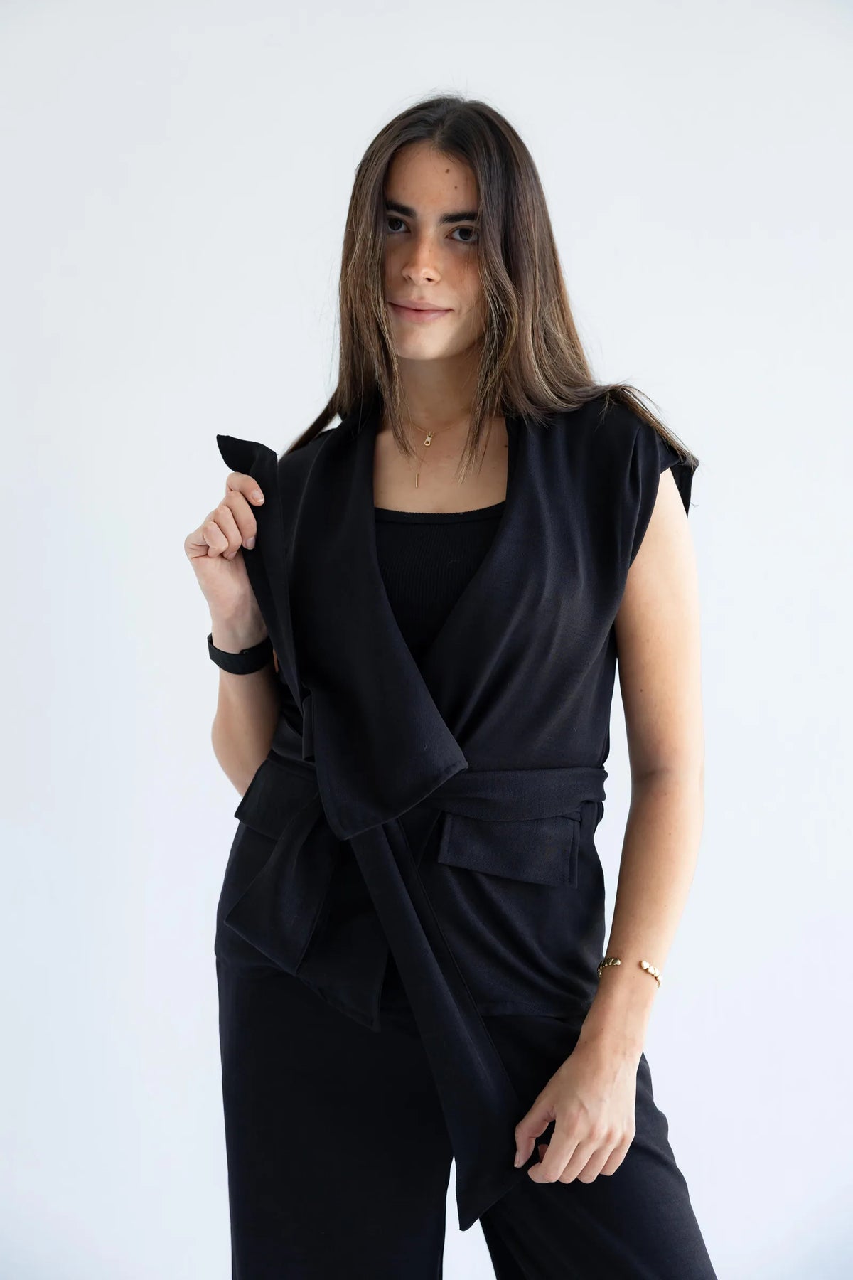 Wrap front and tie belt close-up