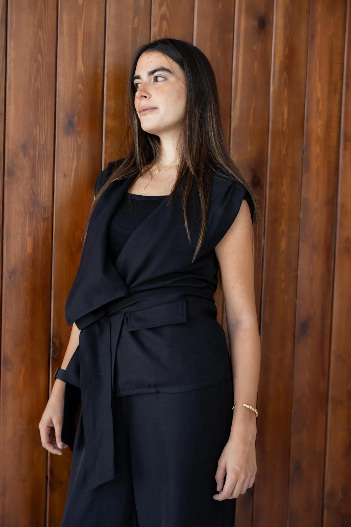 Black linen-blend wrap vest set - lifestyle shot