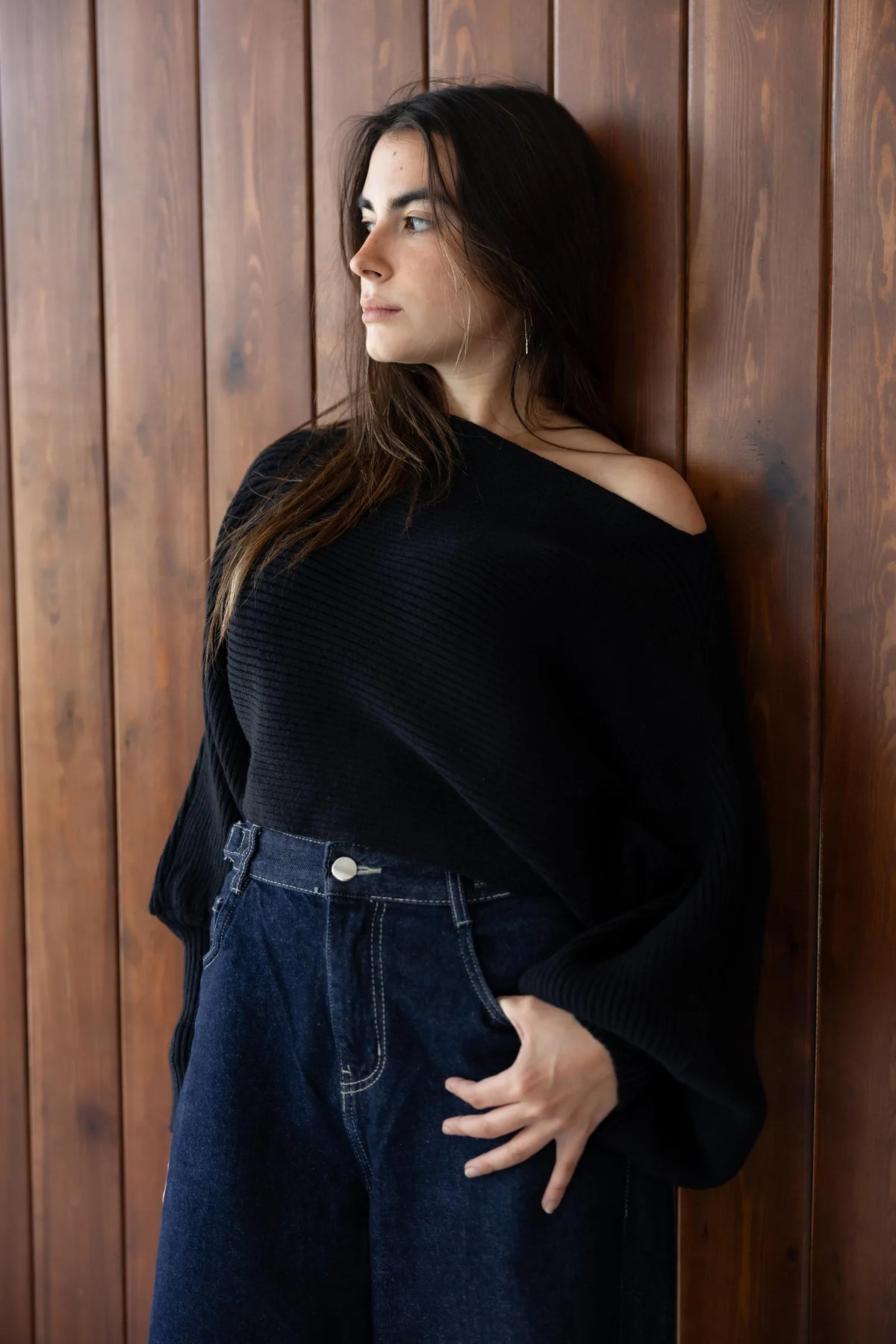Black off-shoulder pullover - lifestyle shot