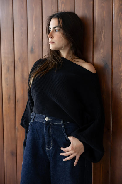 Black off-shoulder pullover - lifestyle shot