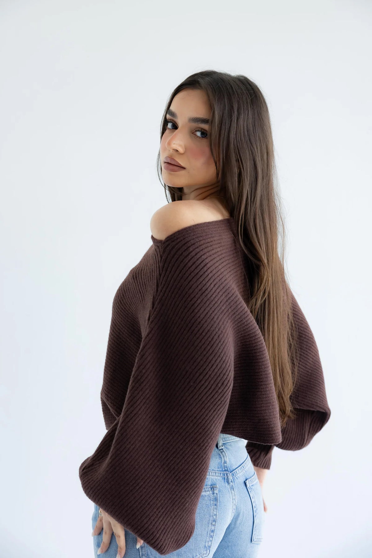 Cocoa brown ribbed pullover - side view showing batwing sleeve