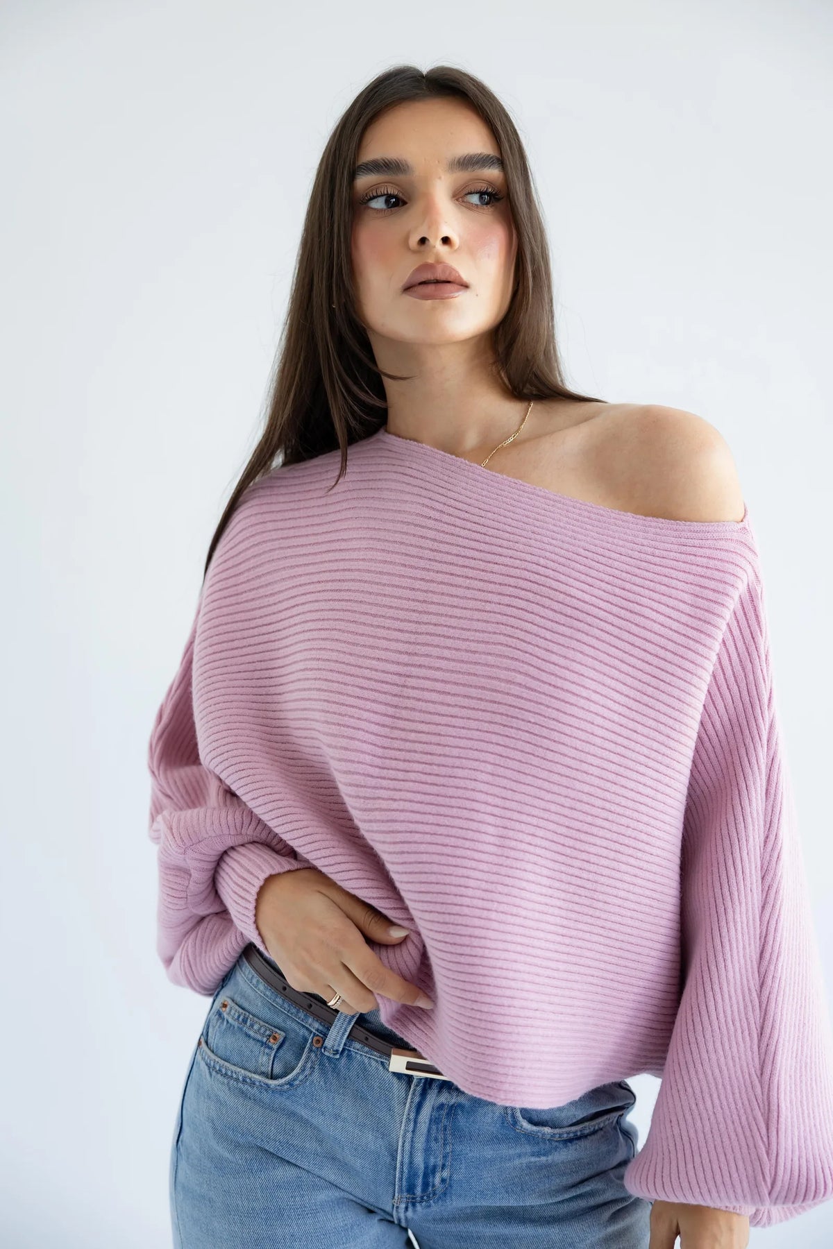 Women's lilac off-shoulder ribbed knit pullover - front view