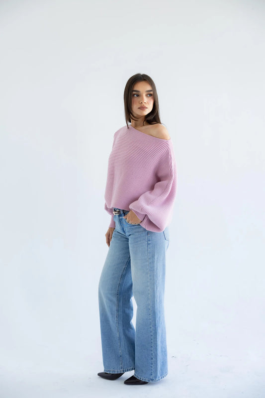 Lilac off-shoulder pullover with light-wash jeans - full length