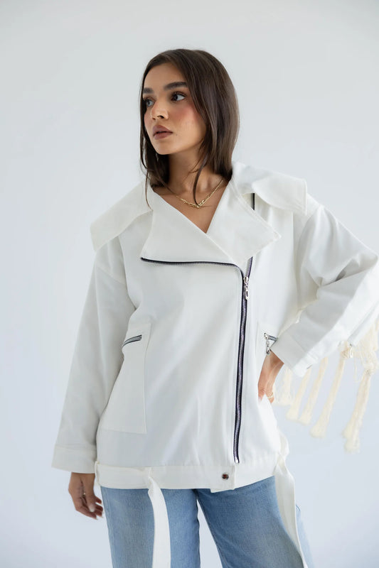 Women's off-white oversized biker jacket with macramé fringe - front view