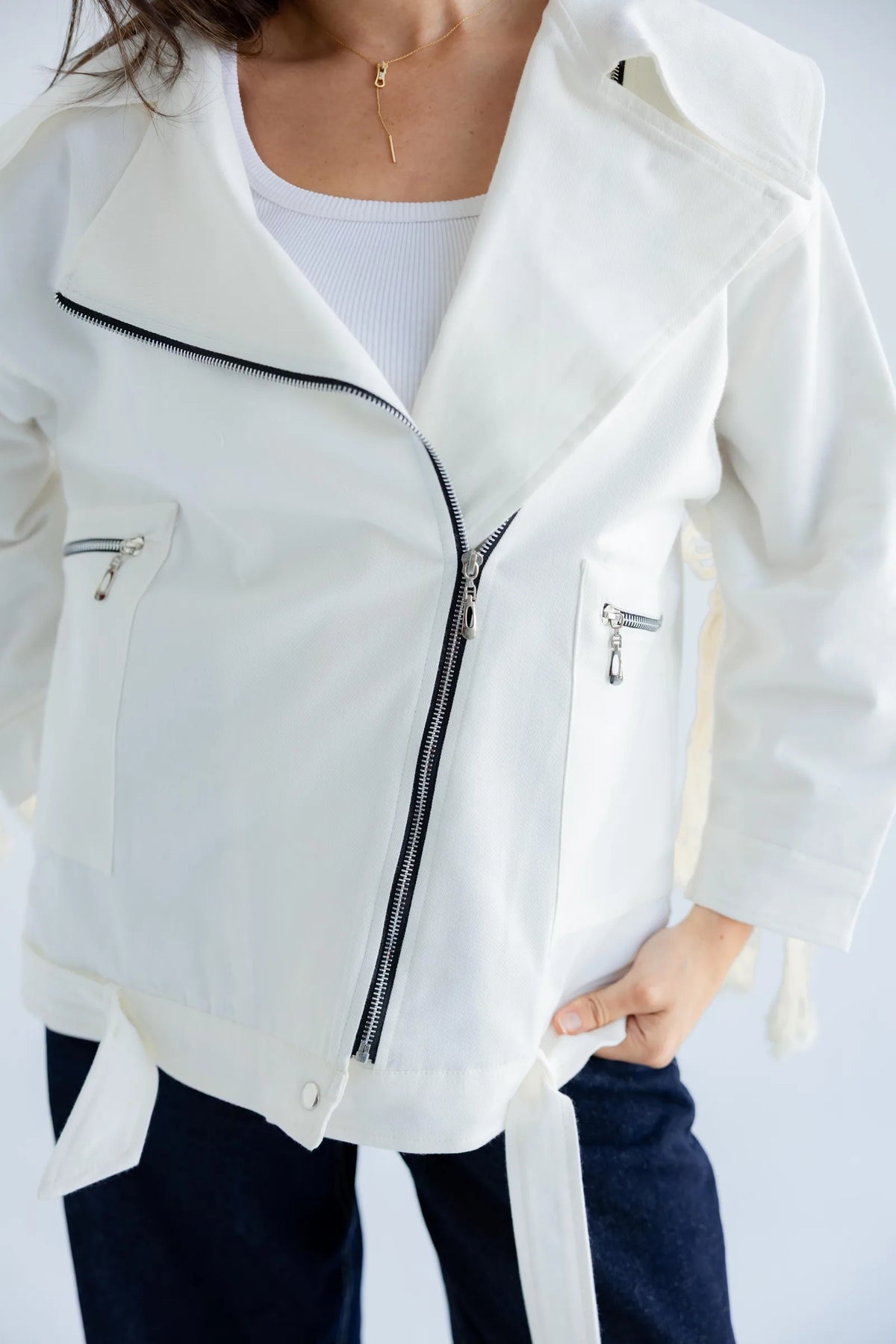 Close-up of the asymmetric zip, zipped pockets and collar