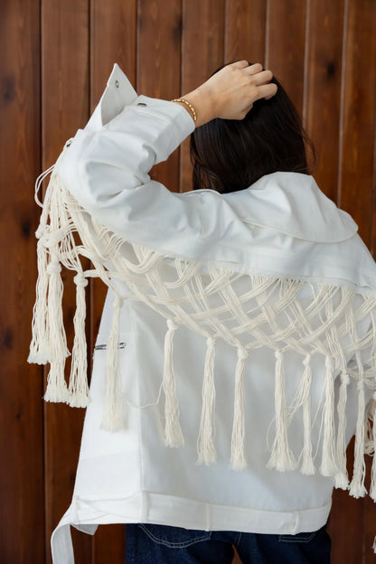 Macramé fringe jacket in motion - lifestyle shot