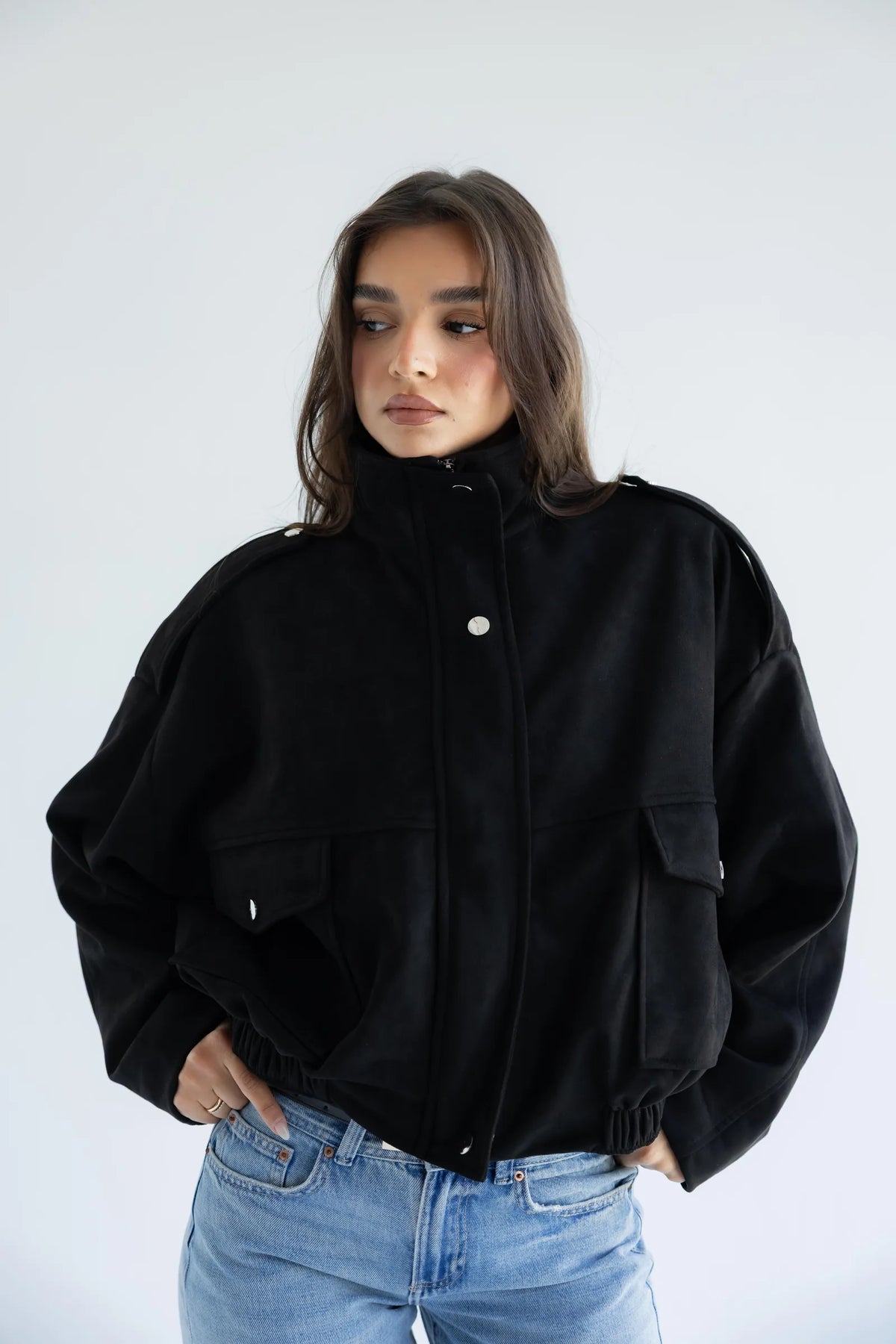 Women's black oversized utility bomber jacket - front view