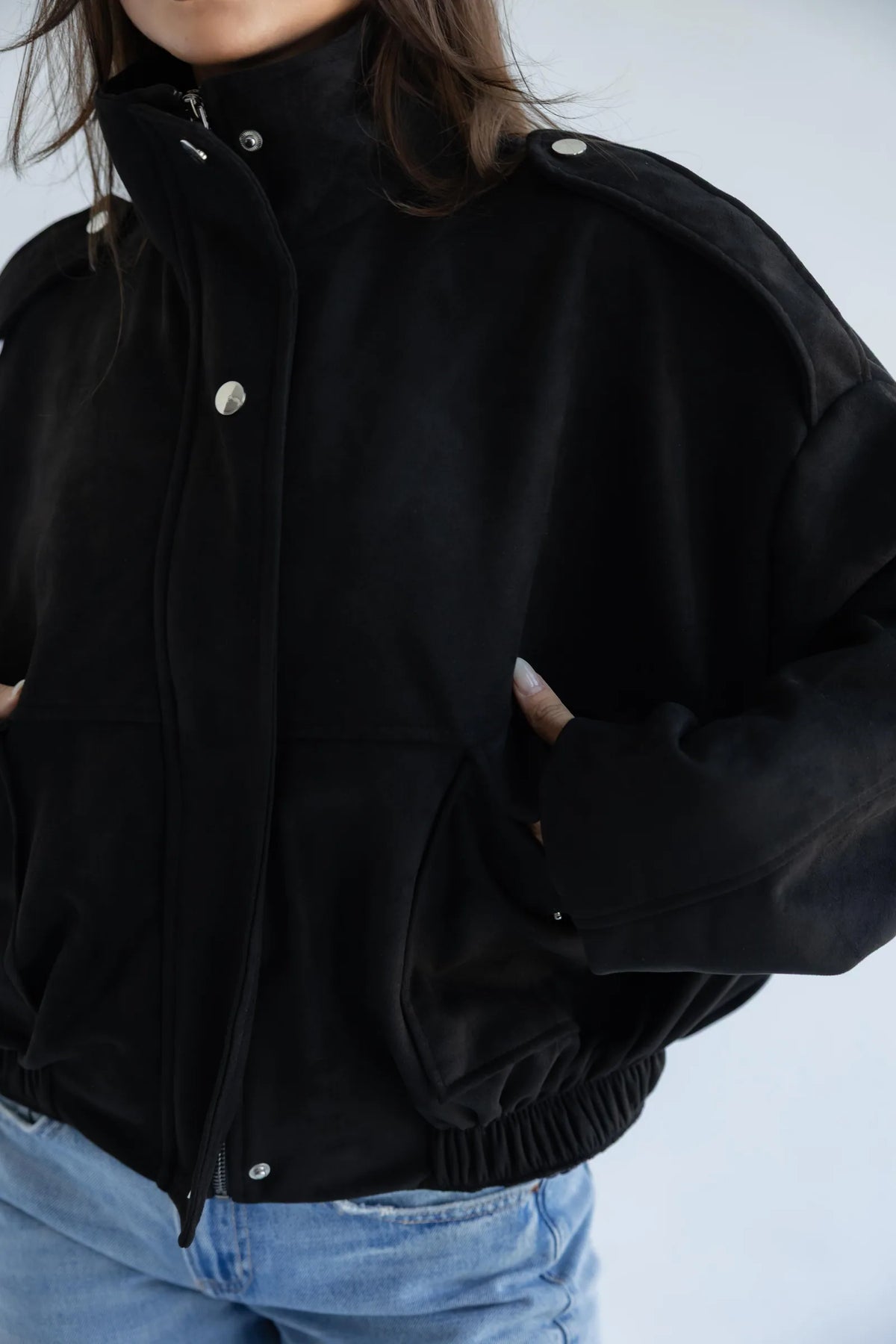 Close-up of epaulettes, snap placket and flap pocket
