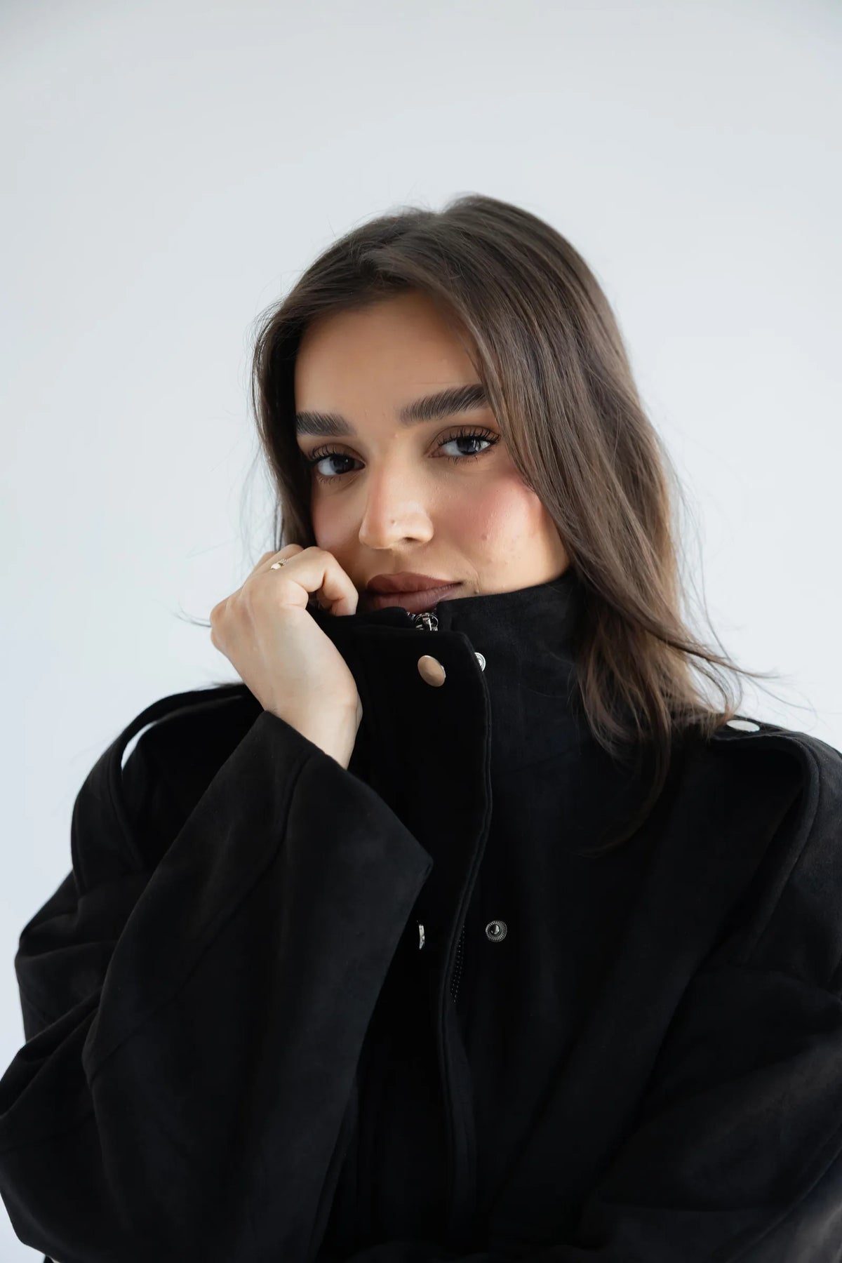 Black bomber jacket stand-up collar detail