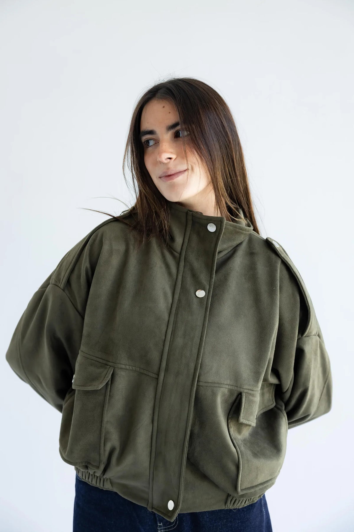 Women's olive green oversized utility bomber jacket - front view