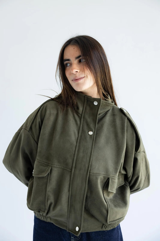 Women's olive green oversized utility bomber jacket - front view