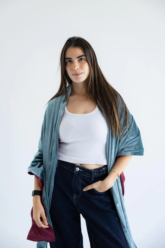 Sage velvet shawl with wine satin lining - front view
