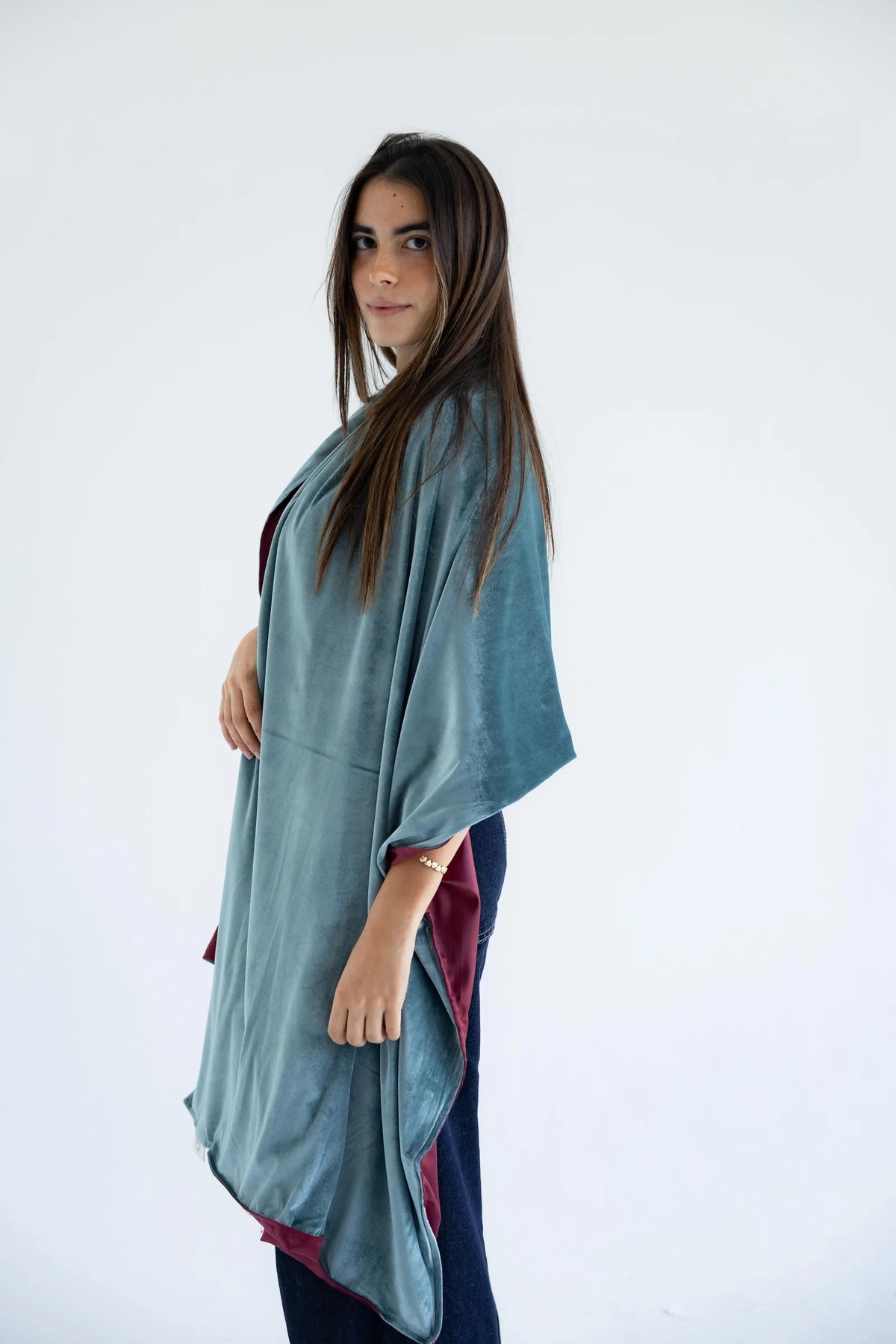 Sage velvet shawl draped - side view