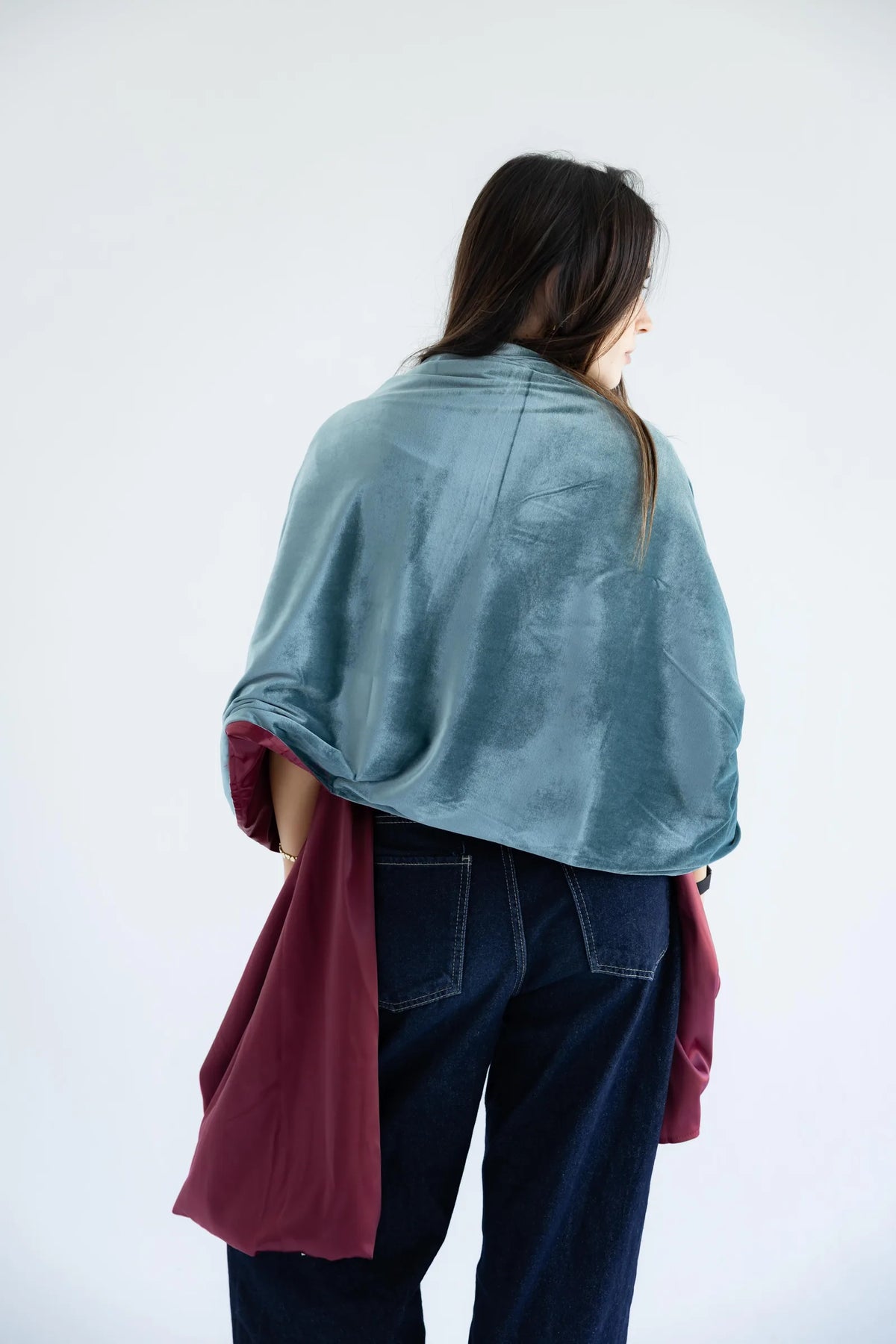 Sage velvet shawl - back view showing wine lining