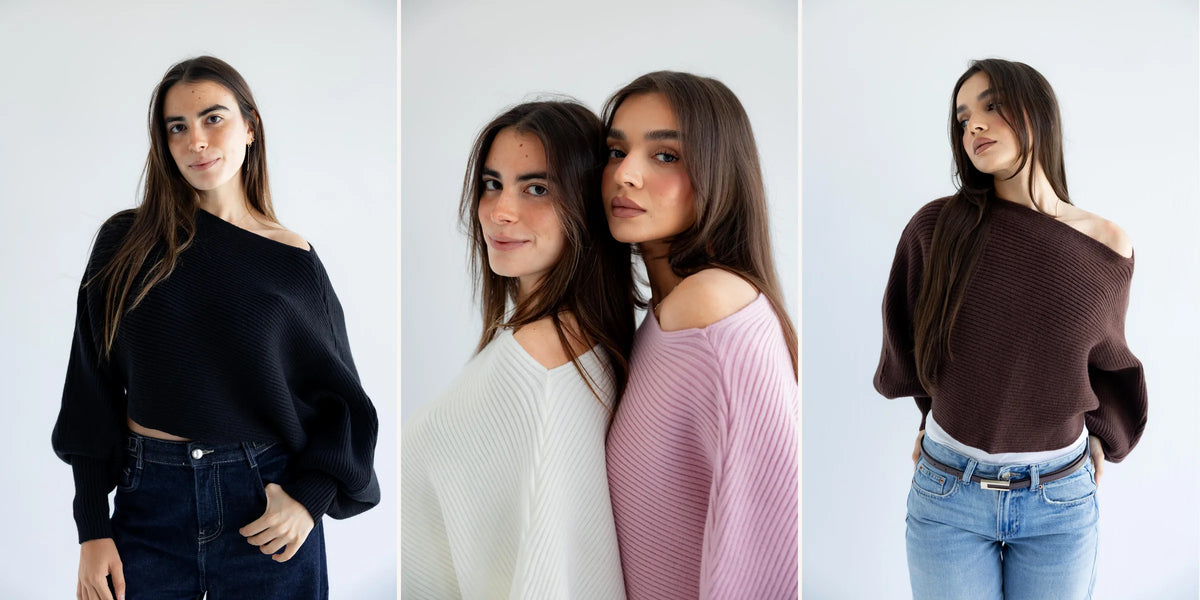 PIA Luna off-shoulder ribbed knit pullovers in black, ivory, lilac and cocoa brown