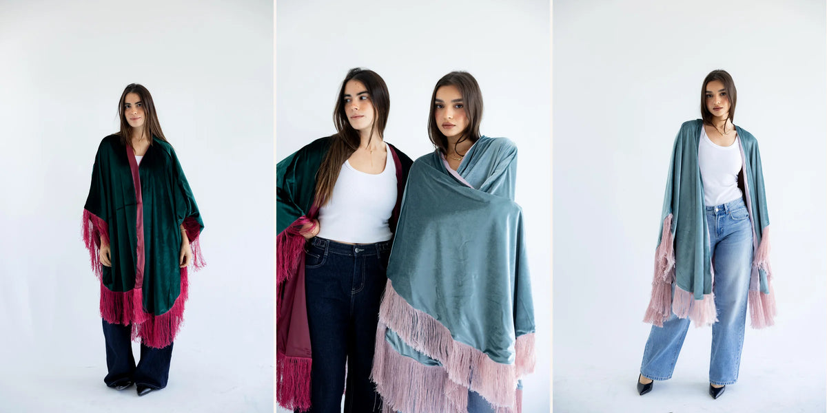 PIA fringed velvet capes and shawls in emerald green and sage