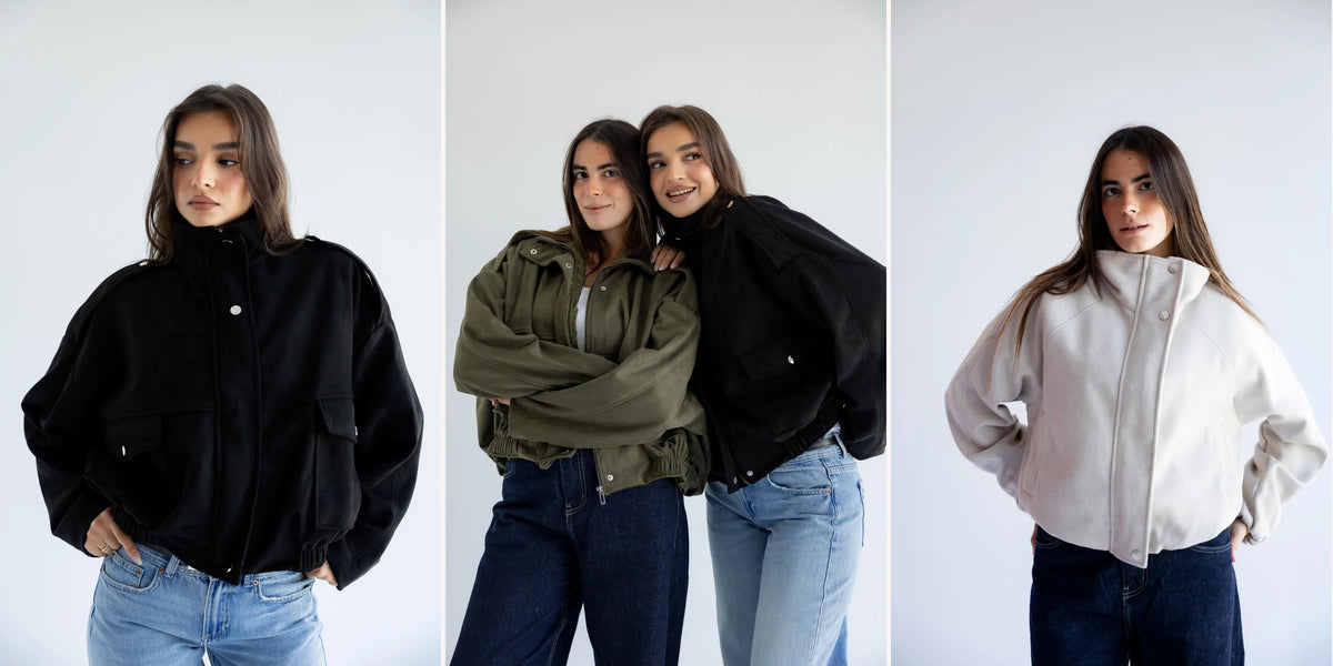 PIA Fall/Winter 26-27 oversized bomber jackets in black, olive green and stone beige