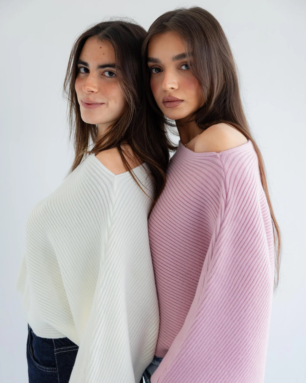 Luna off-shoulder knit pullovers in ivory and lilac