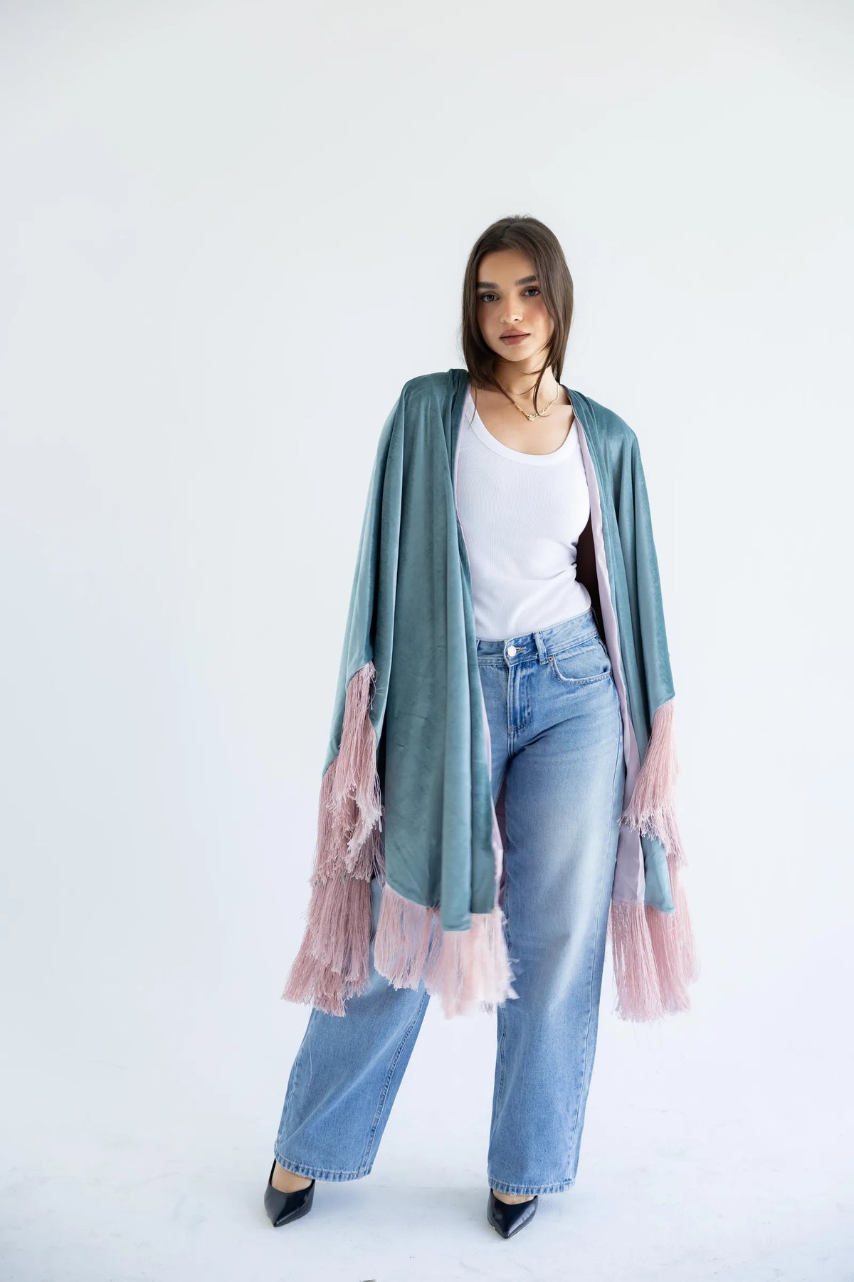 Sage velvet cape with rose-pink fringe - front view