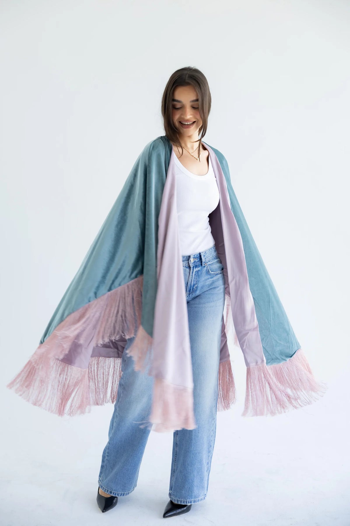 Sage and rose fringed cape worn open - full length