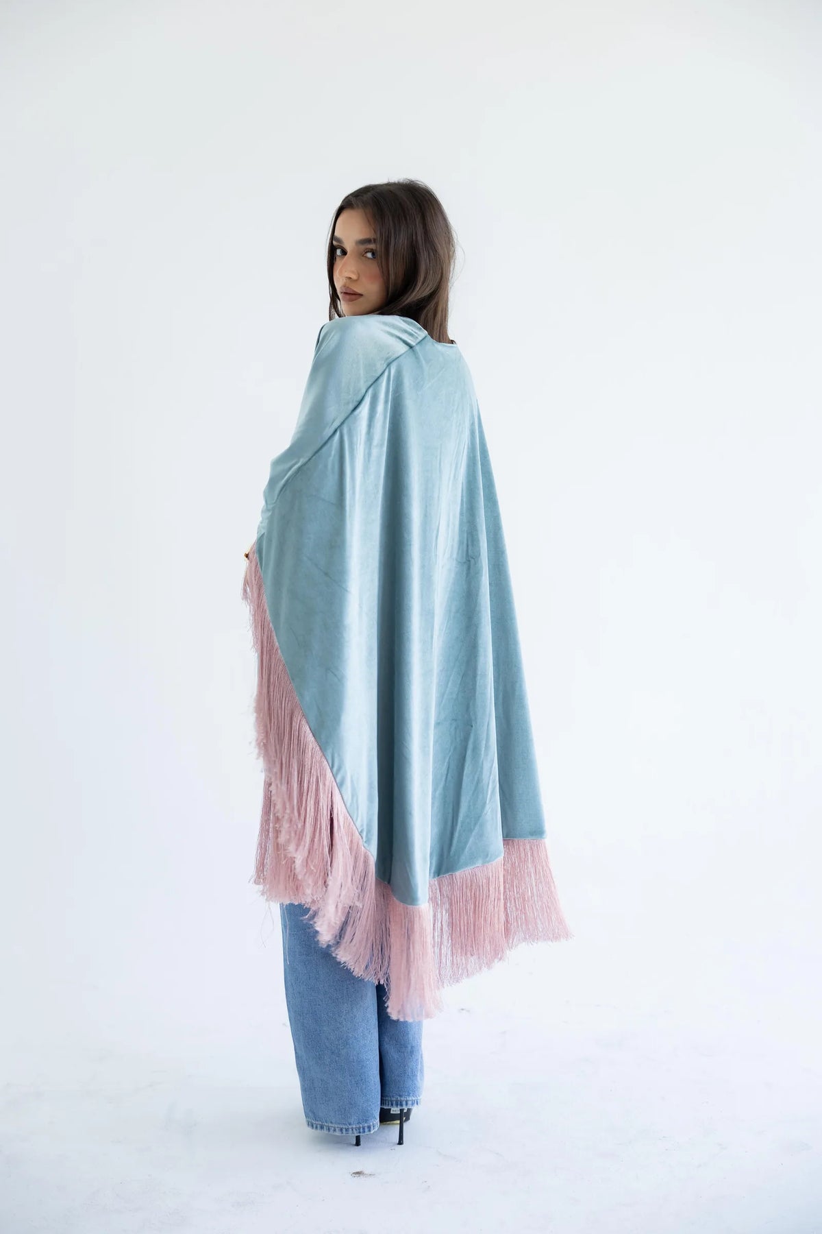 Sage velvet fringed cape - side view
