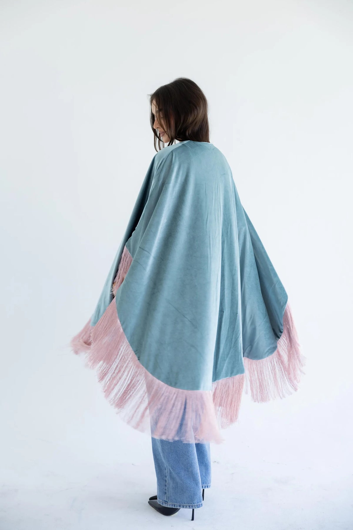 Sage velvet fringed cape - back view