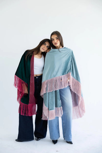 PIA fringed velvet capes in emerald and sage